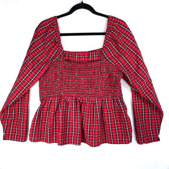 OLD NAVY Red Tartan Plaid Blouse Size XL Dark Academia Holiday Fall Autumn - Picture 2 of 14